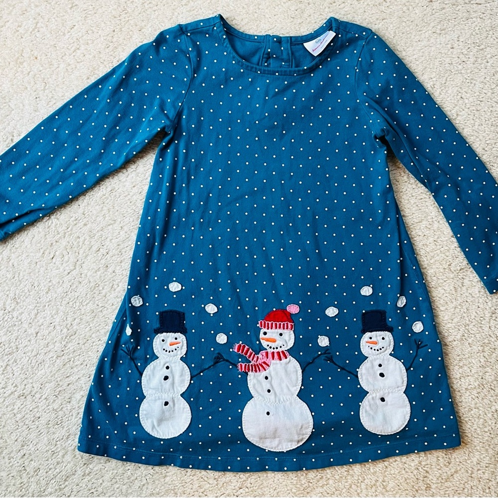 Hanna Andersson blue polka Dot Knit snowman long sleeve Dress